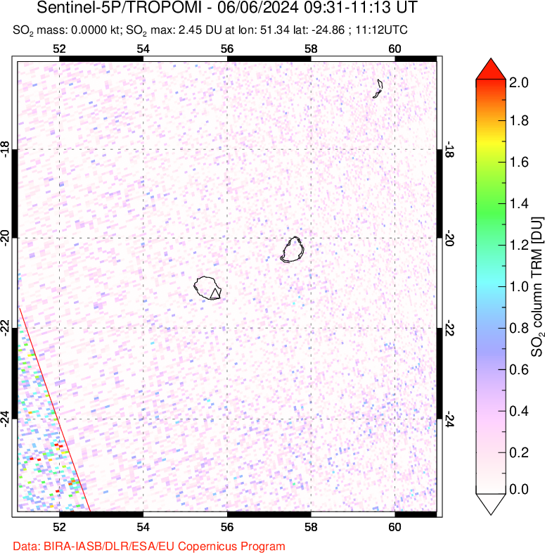 A sulfur dioxide image over Reunion Island, Indian Ocean on Jun 06, 2024.