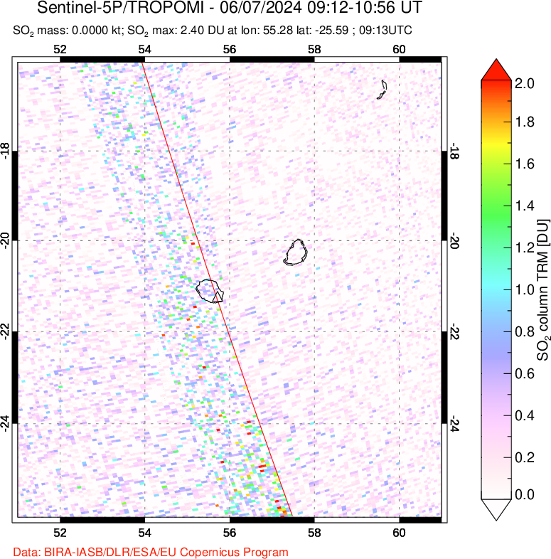 A sulfur dioxide image over Reunion Island, Indian Ocean on Jun 07, 2024.