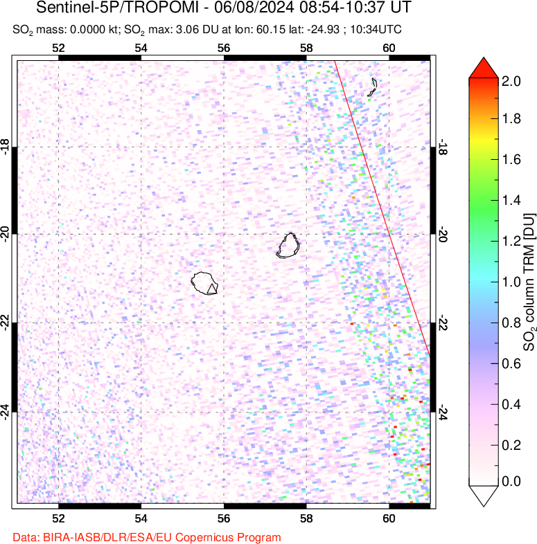 A sulfur dioxide image over Reunion Island, Indian Ocean on Jun 08, 2024.