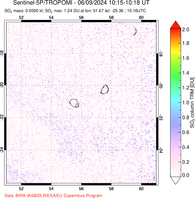 A sulfur dioxide image over Reunion Island, Indian Ocean on Jun 09, 2024.