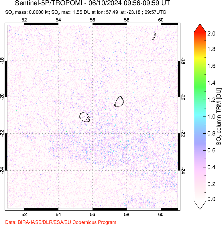 A sulfur dioxide image over Reunion Island, Indian Ocean on Jun 10, 2024.