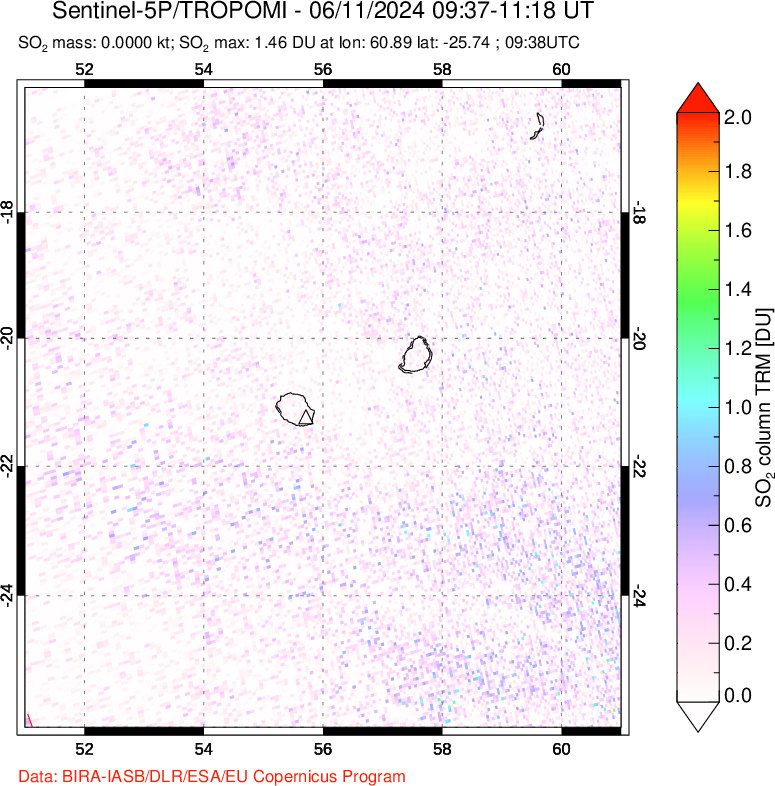 A sulfur dioxide image over Reunion Island, Indian Ocean on Jun 11, 2024.