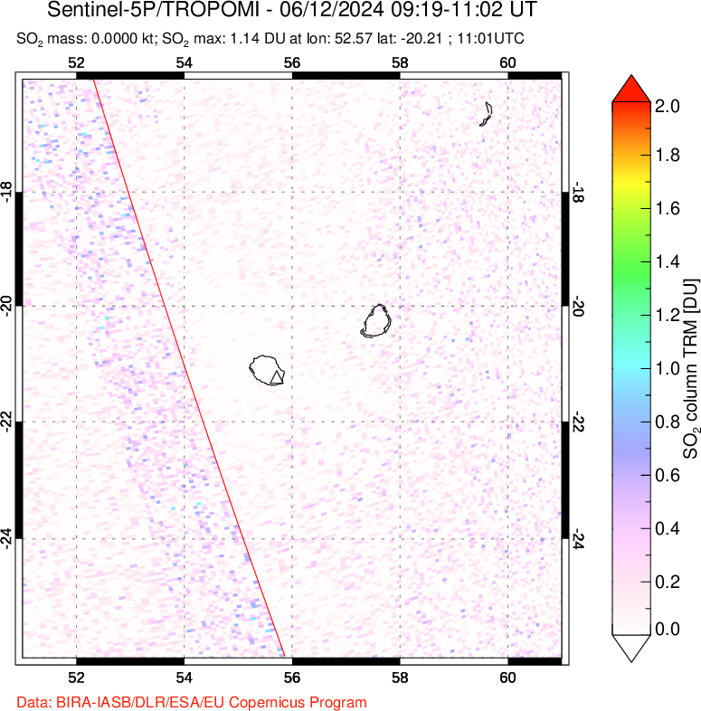 A sulfur dioxide image over Reunion Island, Indian Ocean on Jun 12, 2024.