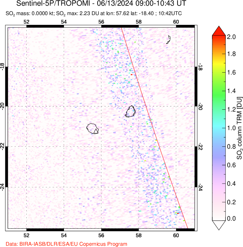 A sulfur dioxide image over Reunion Island, Indian Ocean on Jun 13, 2024.