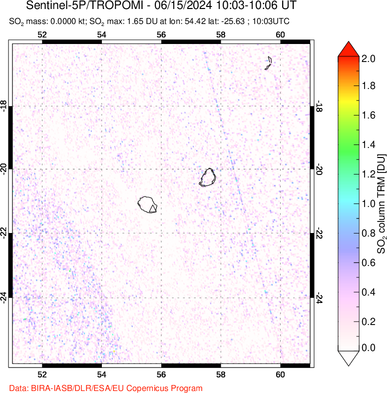 A sulfur dioxide image over Reunion Island, Indian Ocean on Jun 15, 2024.