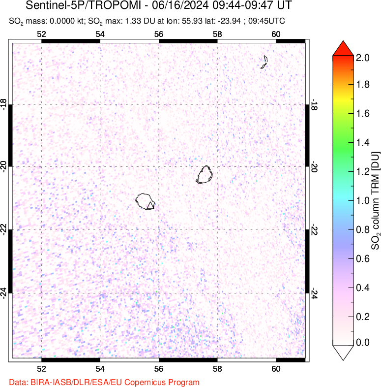 A sulfur dioxide image over Reunion Island, Indian Ocean on Jun 16, 2024.