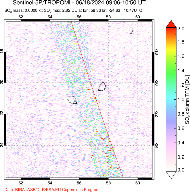 A sulfur dioxide image over Reunion Island, Indian Ocean on Jun 18, 2024.