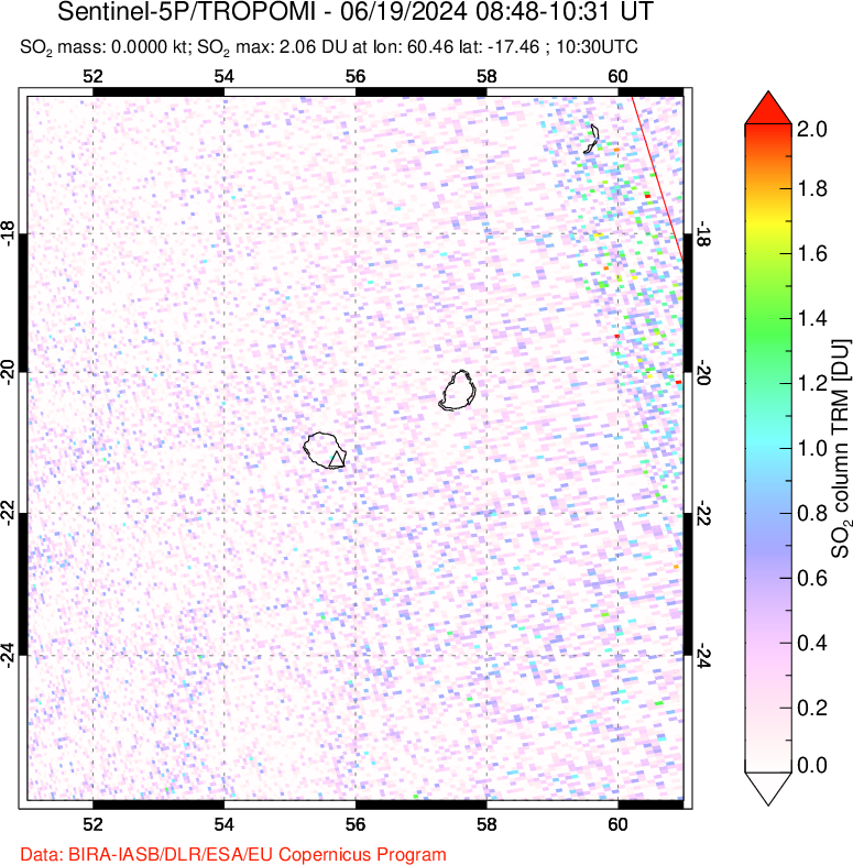 A sulfur dioxide image over Reunion Island, Indian Ocean on Jun 19, 2024.