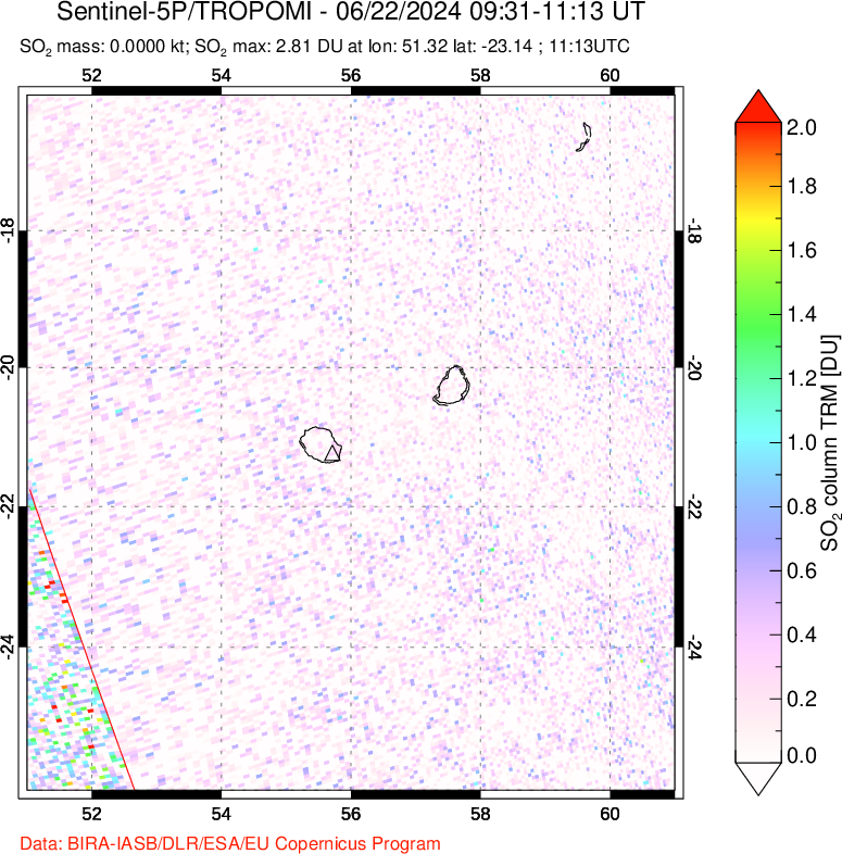 A sulfur dioxide image over Reunion Island, Indian Ocean on Jun 22, 2024.