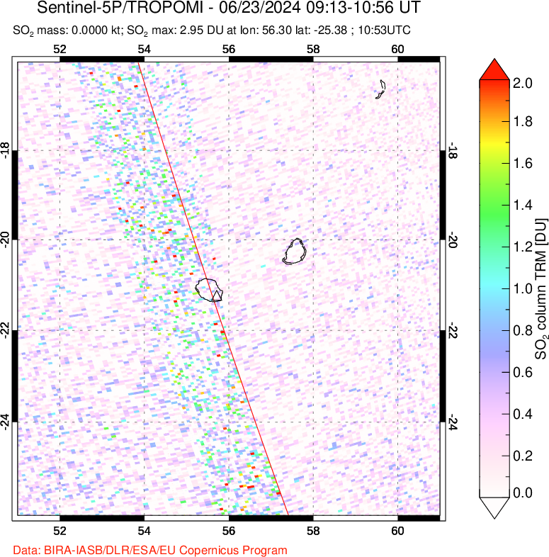 A sulfur dioxide image over Reunion Island, Indian Ocean on Jun 23, 2024.