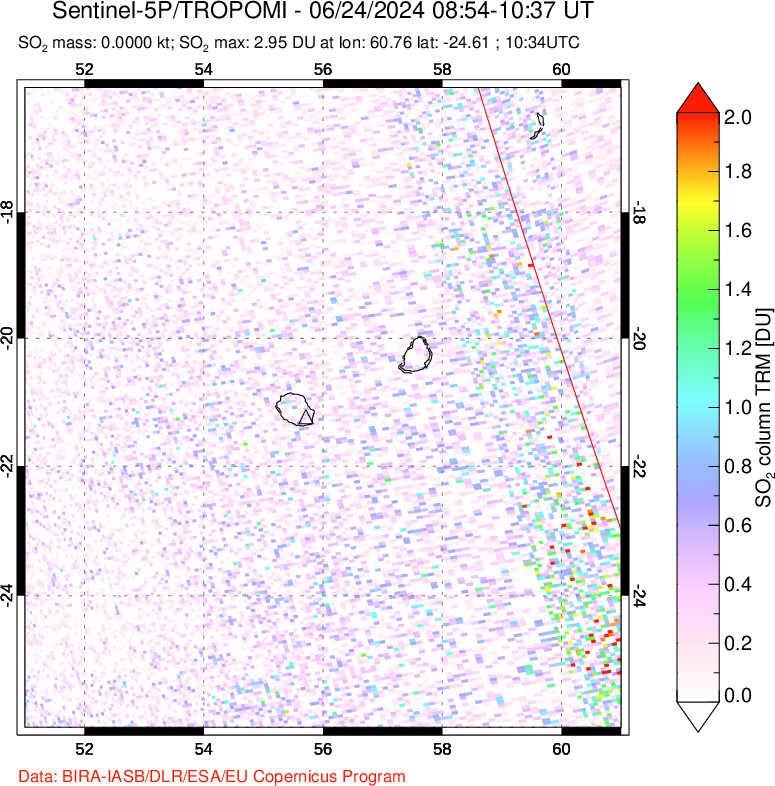 A sulfur dioxide image over Reunion Island, Indian Ocean on Jun 24, 2024.