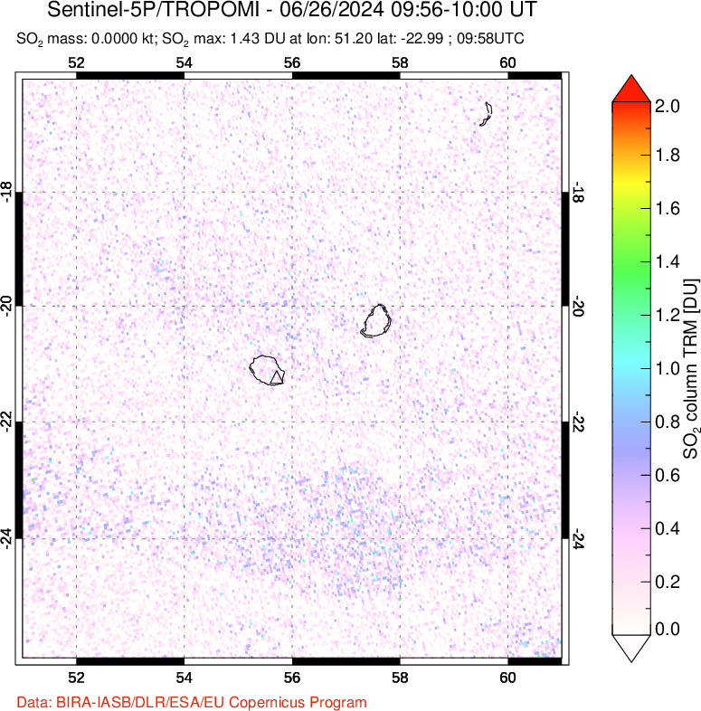 A sulfur dioxide image over Reunion Island, Indian Ocean on Jun 26, 2024.