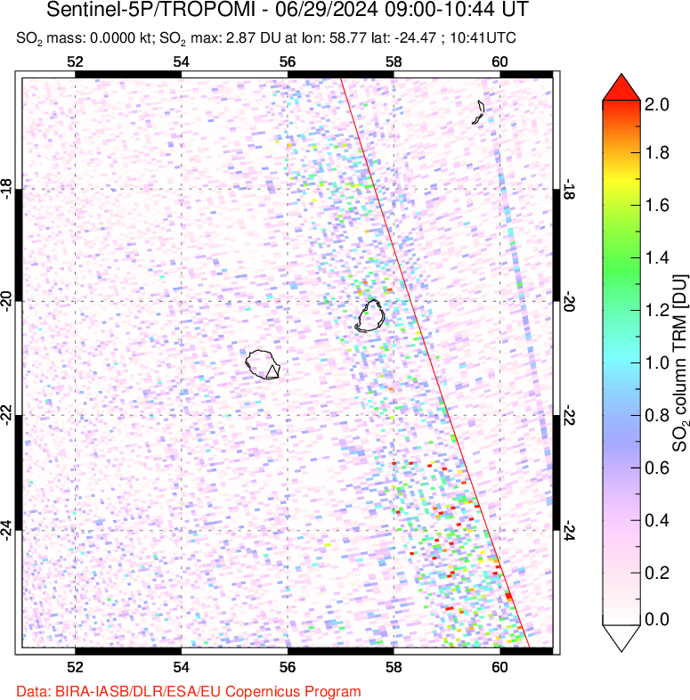 A sulfur dioxide image over Reunion Island, Indian Ocean on Jun 29, 2024.