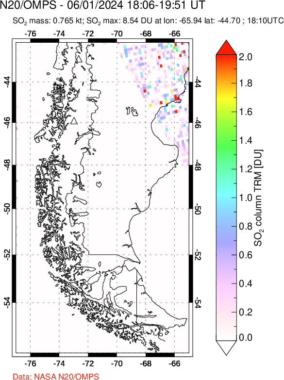 A sulfur dioxide image over Southern Chile on Jun 01, 2024.