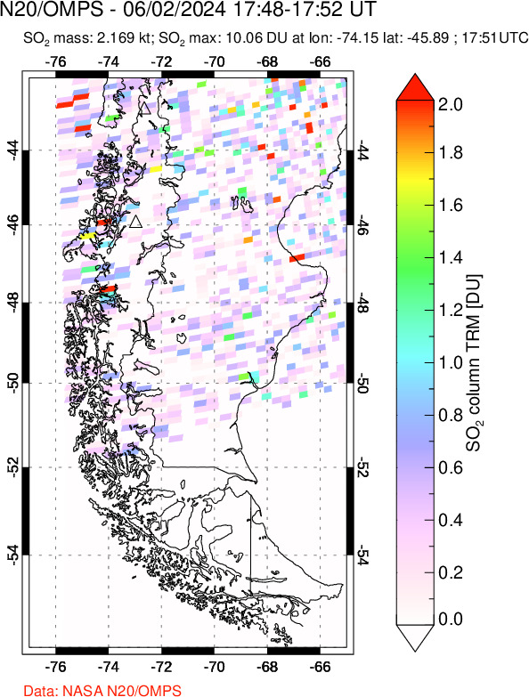 A sulfur dioxide image over Southern Chile on Jun 02, 2024.