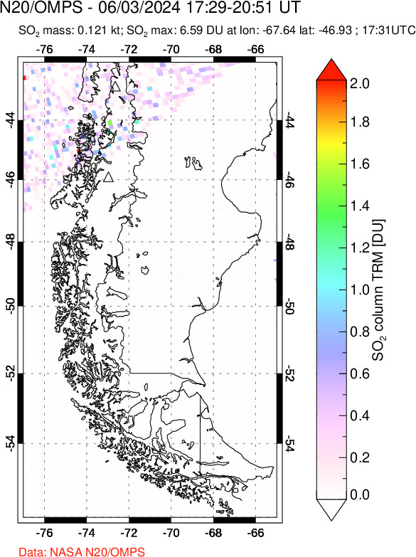 A sulfur dioxide image over Southern Chile on Jun 03, 2024.