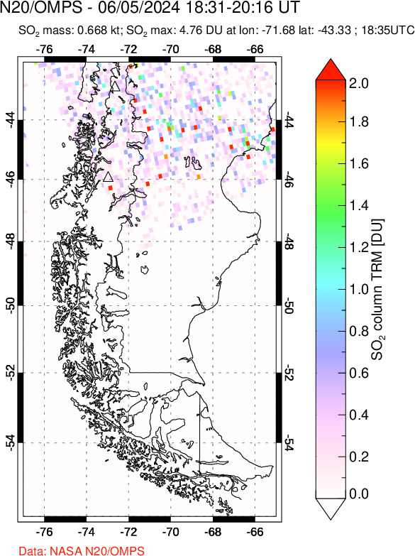 A sulfur dioxide image over Southern Chile on Jun 05, 2024.