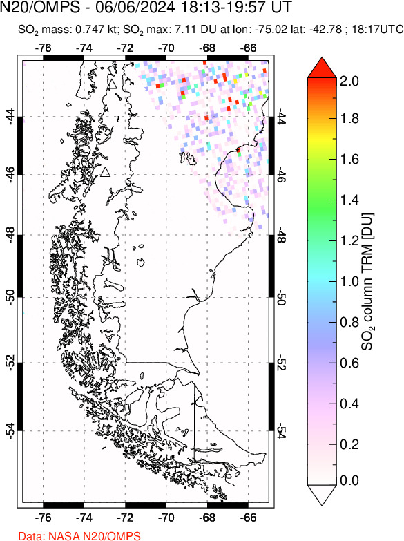 A sulfur dioxide image over Southern Chile on Jun 06, 2024.