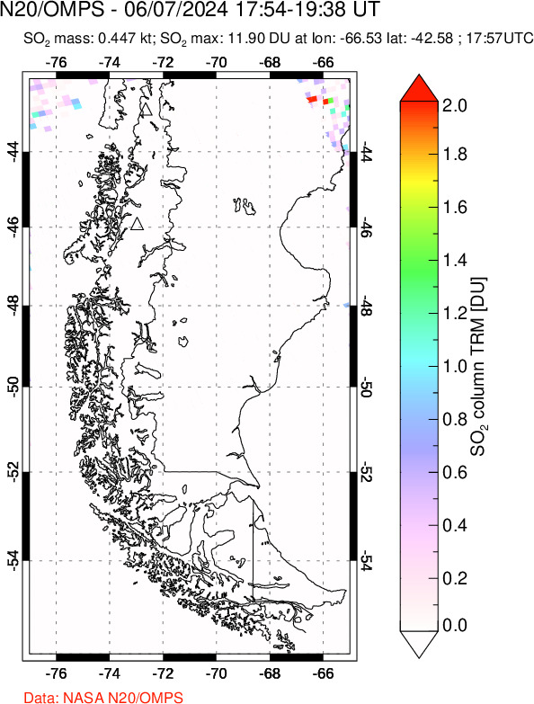 A sulfur dioxide image over Southern Chile on Jun 07, 2024.