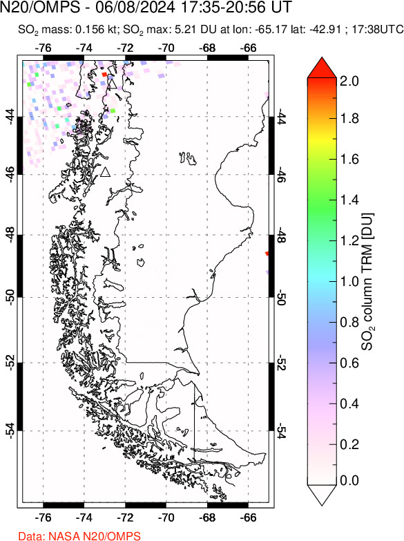 A sulfur dioxide image over Southern Chile on Jun 08, 2024.