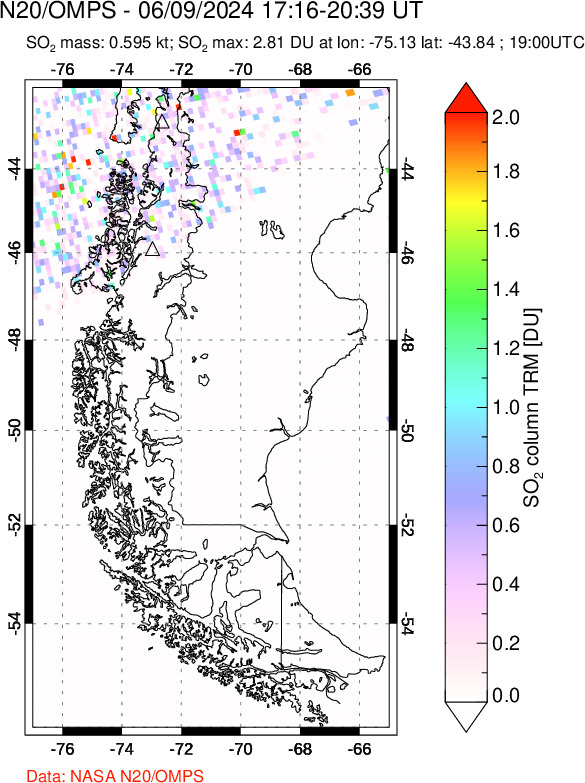 A sulfur dioxide image over Southern Chile on Jun 09, 2024.