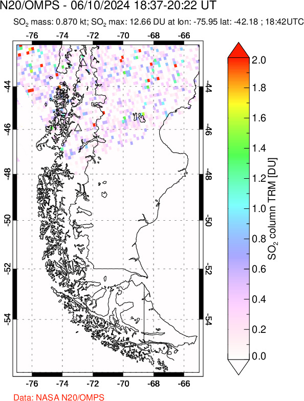 A sulfur dioxide image over Southern Chile on Jun 10, 2024.