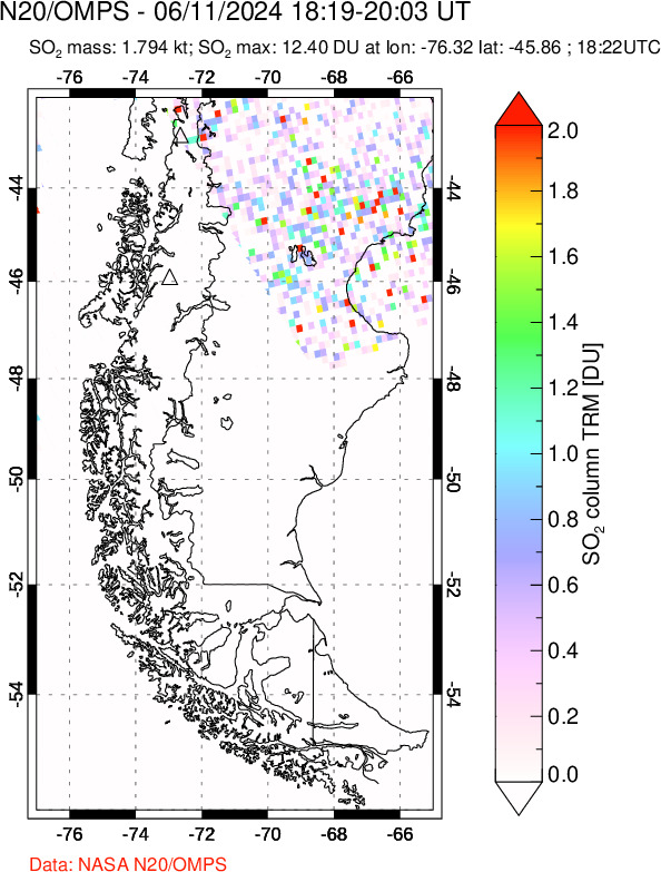 A sulfur dioxide image over Southern Chile on Jun 11, 2024.