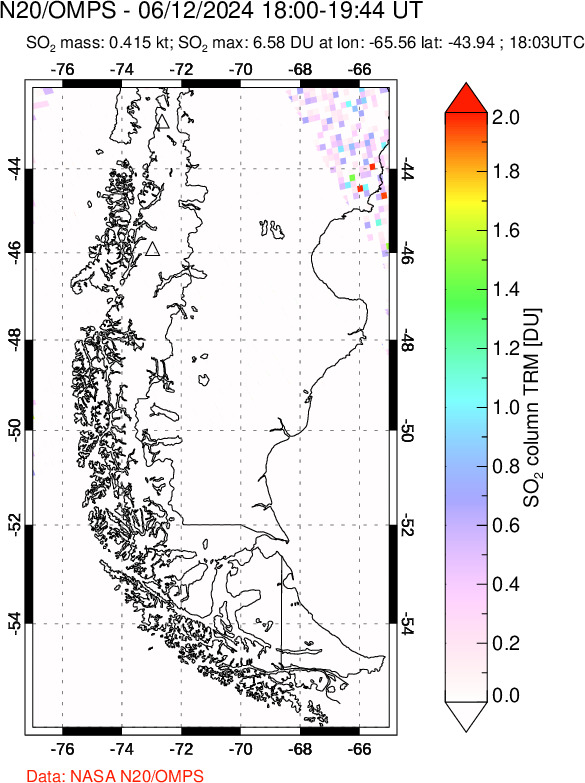 A sulfur dioxide image over Southern Chile on Jun 12, 2024.