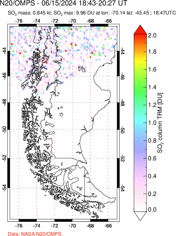 A sulfur dioxide image over Southern Chile on Jun 15, 2024.