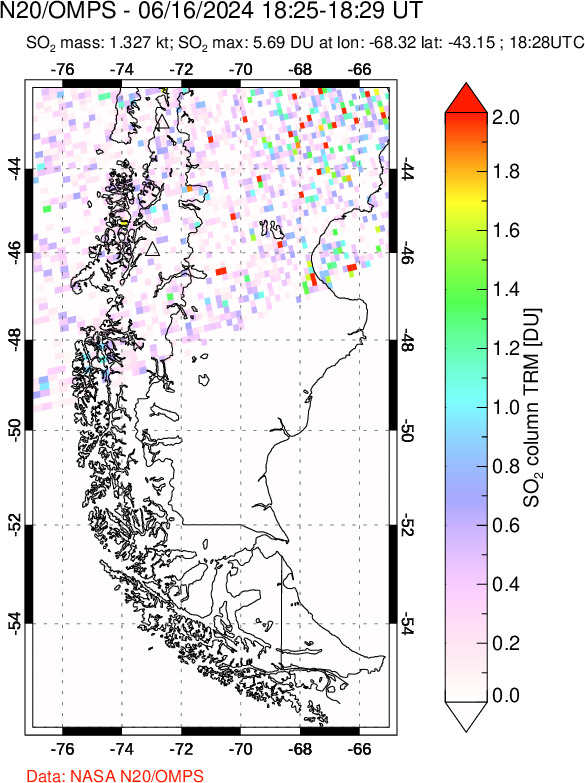 A sulfur dioxide image over Southern Chile on Jun 16, 2024.