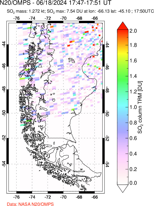 A sulfur dioxide image over Southern Chile on Jun 18, 2024.