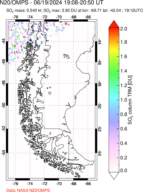 A sulfur dioxide image over Southern Chile on Jun 19, 2024.