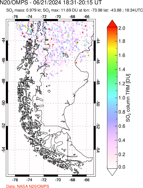 A sulfur dioxide image over Southern Chile on Jun 21, 2024.