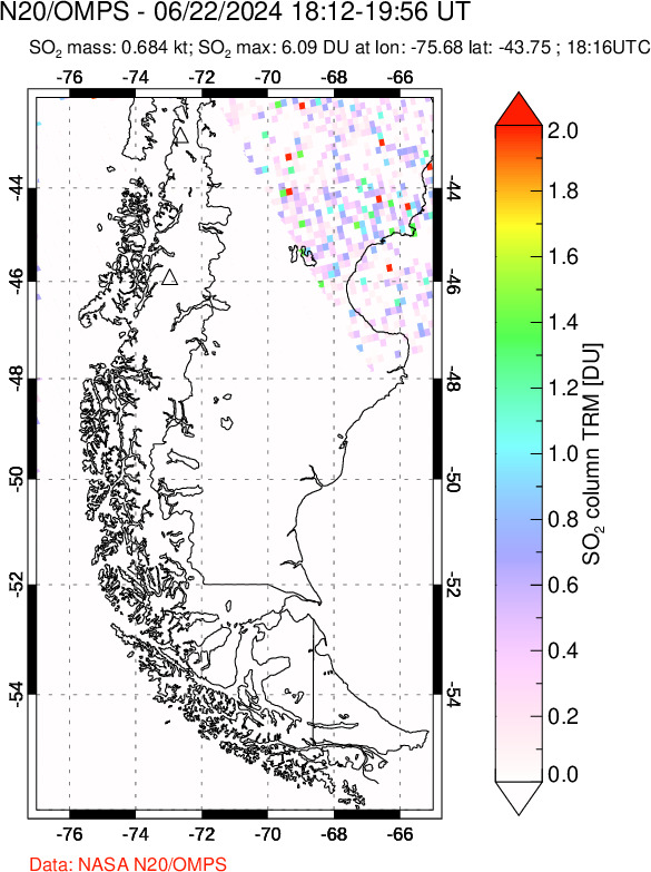 A sulfur dioxide image over Southern Chile on Jun 22, 2024.