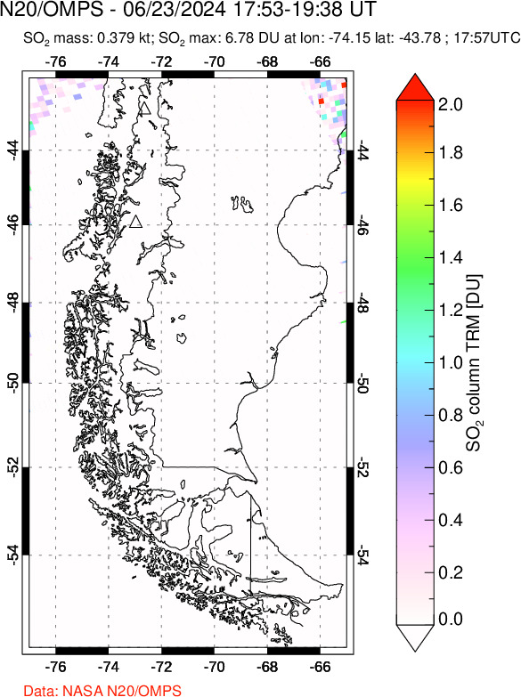 A sulfur dioxide image over Southern Chile on Jun 23, 2024.