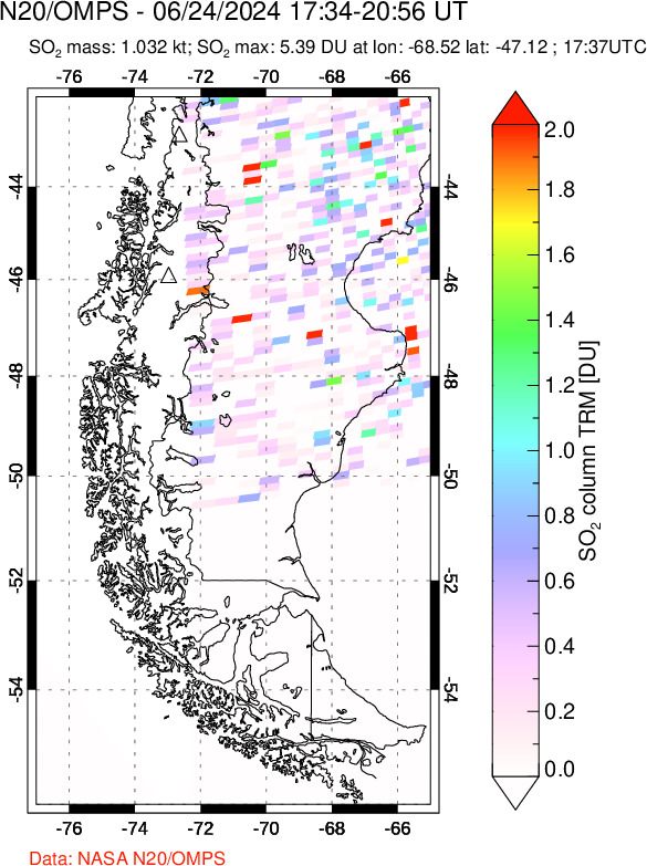 A sulfur dioxide image over Southern Chile on Jun 24, 2024.