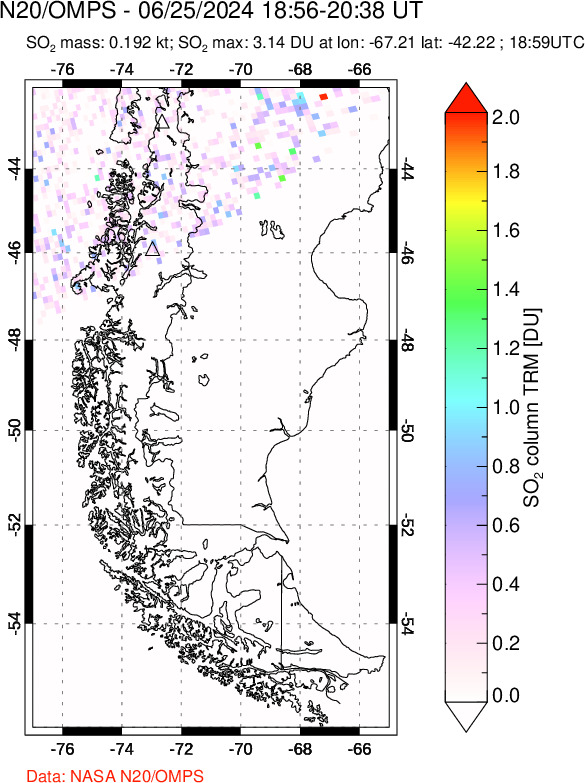 A sulfur dioxide image over Southern Chile on Jun 25, 2024.