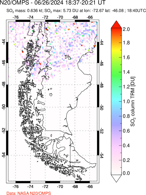 A sulfur dioxide image over Southern Chile on Jun 26, 2024.