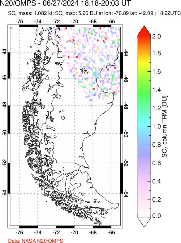 A sulfur dioxide image over Southern Chile on Jun 27, 2024.