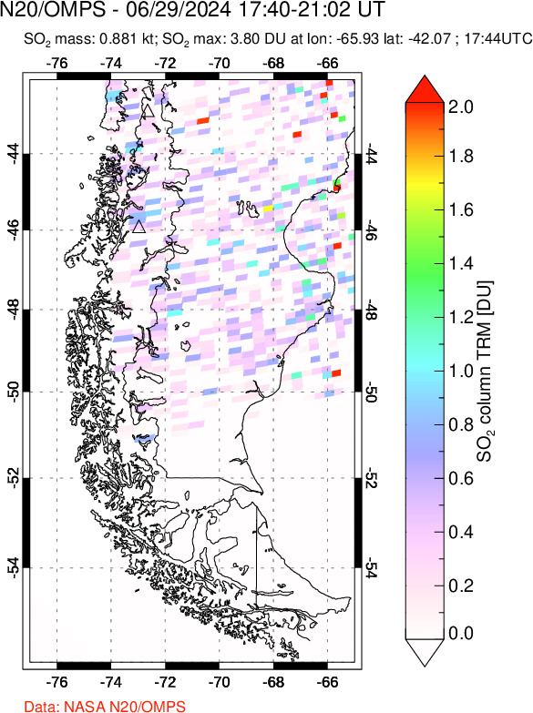 A sulfur dioxide image over Southern Chile on Jun 29, 2024.