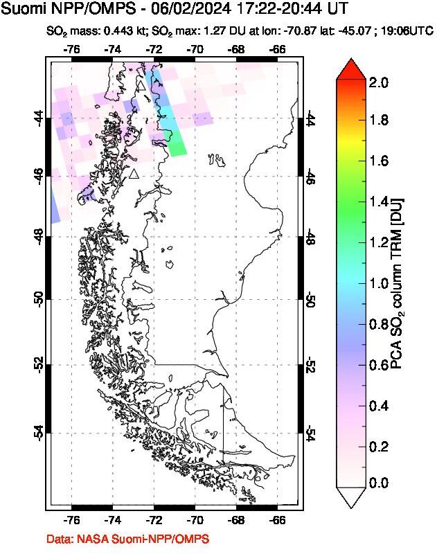 A sulfur dioxide image over Southern Chile on Jun 02, 2024.