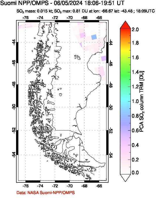 A sulfur dioxide image over Southern Chile on Jun 05, 2024.