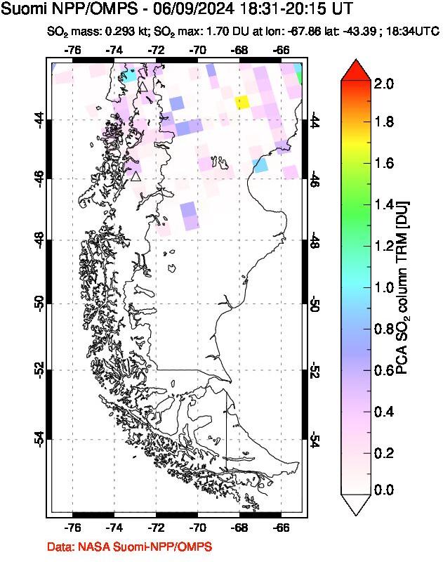 A sulfur dioxide image over Southern Chile on Jun 09, 2024.