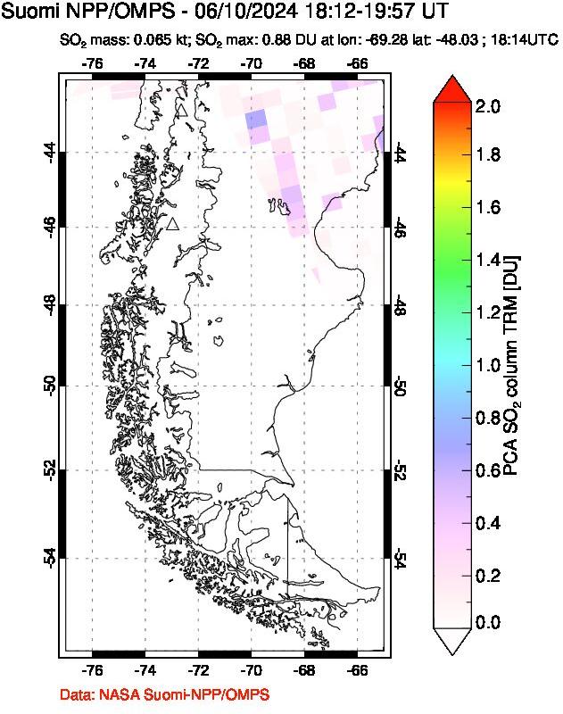 A sulfur dioxide image over Southern Chile on Jun 10, 2024.