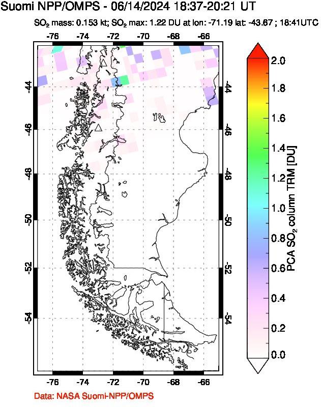 A sulfur dioxide image over Southern Chile on Jun 14, 2024.