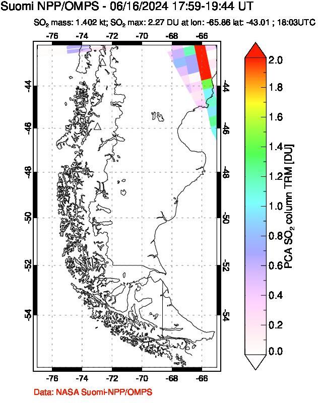 A sulfur dioxide image over Southern Chile on Jun 16, 2024.