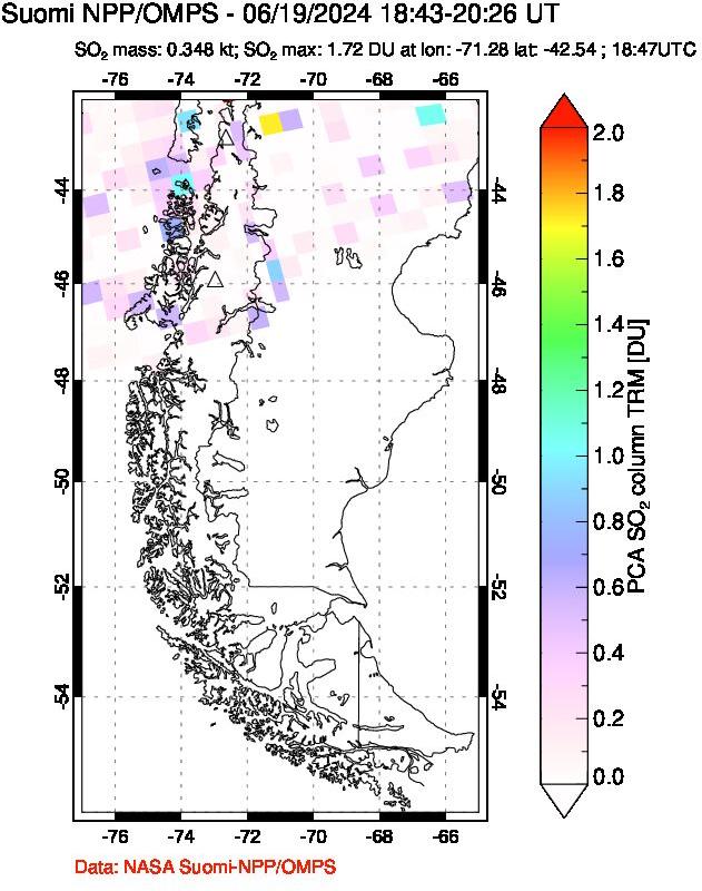 A sulfur dioxide image over Southern Chile on Jun 19, 2024.