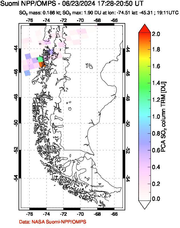 A sulfur dioxide image over Southern Chile on Jun 23, 2024.