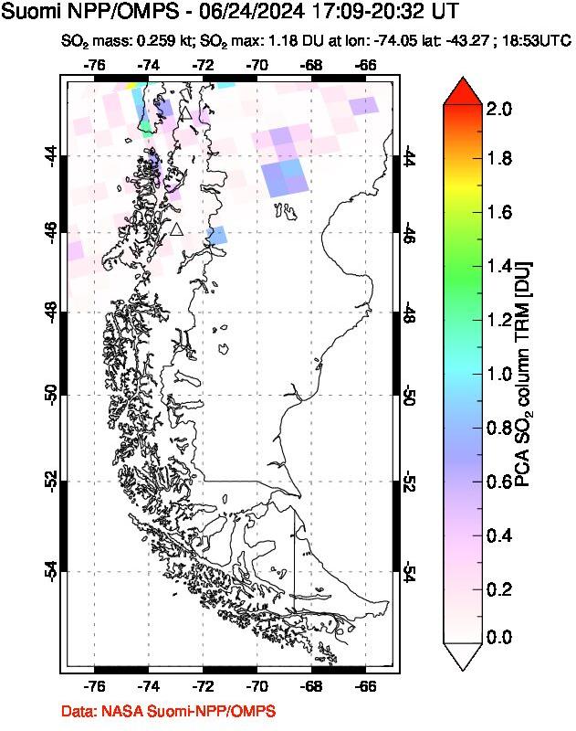 A sulfur dioxide image over Southern Chile on Jun 24, 2024.