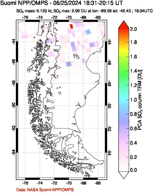 A sulfur dioxide image over Southern Chile on Jun 25, 2024.